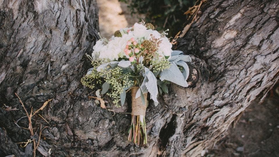 Buket pengantin putih dengan dedaunan hijau keperakan